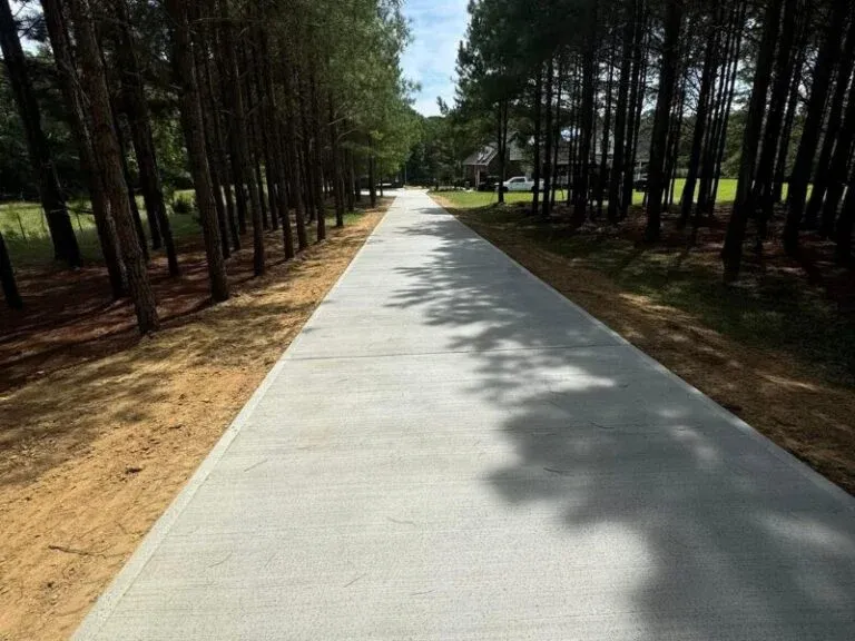 Long broom-finished concrete driveway running through a stand of pine trees