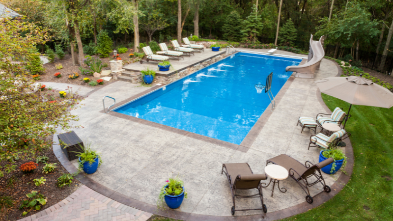 Elegant stamped concrete pool deck showcasing resurfacing expertise in Cincinnati.